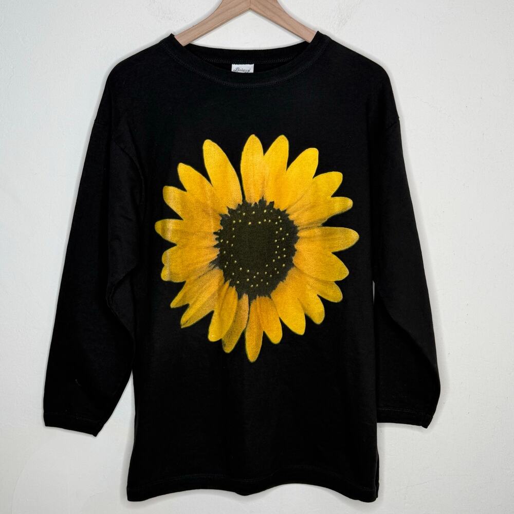 Briazzi Sunflower‎ Sweatshirt S/M Made USA Black Cotton Graphic Cottagecore VTG